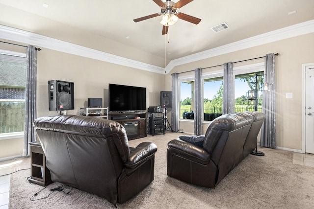 907 Fairway Dr, La Porte, TX 77571 - living area featuring a ceiling fan, ornamental molding, and carpet flooring