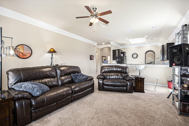907 Fairway Dr, La Porte, TX 77571 - living room featuring carpet flooring, a ceiling fan, arched walkways, ornamental molding, and recessed lighting
