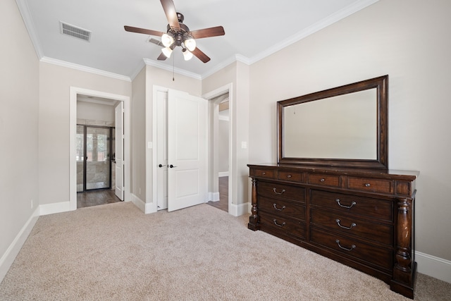 19522 Hope Springs Ln, Cypress, TX 77433 - unfurnished bedroom featuring light carpet, crown molding, and a ceiling fan