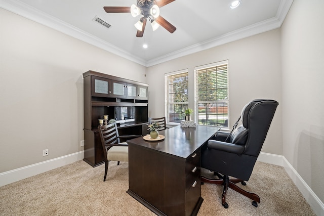 19522 Hope Springs Ln, Cypress, TX 77433 - home office featuring ceiling fan, light colored carpet, ornamental molding, and recessed lighting