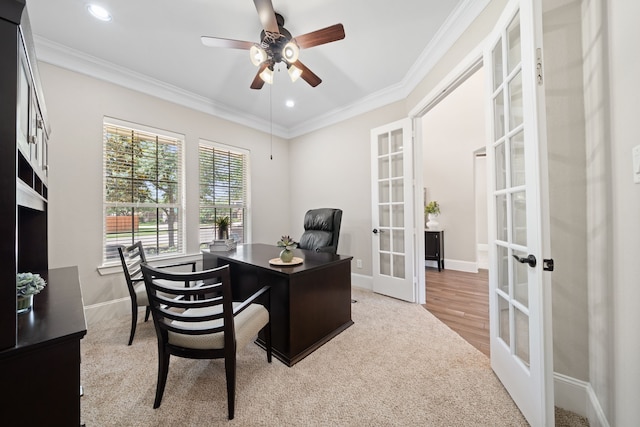 19522 Hope Springs Ln, Cypress, TX 77433 - carpeted home office featuring french doors, ceiling fan, ornamental molding, and recessed lighting