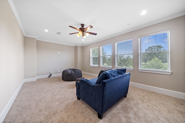 19522 Hope Springs Ln, Cypress, TX 77433 - living room with light carpet, crown molding, recessed lighting, and ceiling fan