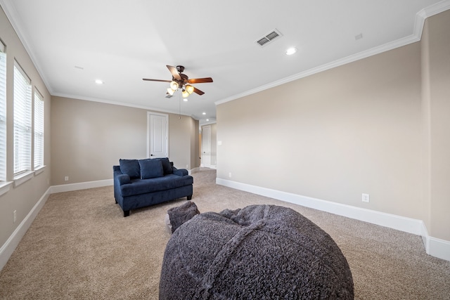 19522 Hope Springs Ln, Cypress, TX 77433 - sitting room with light carpet, ceiling fan, recessed lighting, and ornamental molding