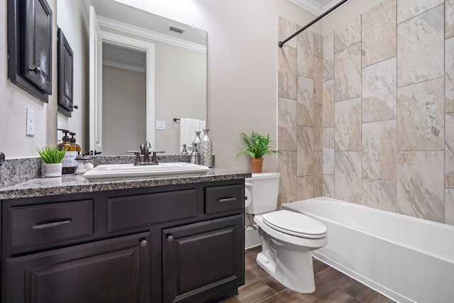 19522 Hope Springs Ln, Cypress, TX 77433 - full bath featuring crown molding, vanity, wood finished floors, and bathtub / shower combination