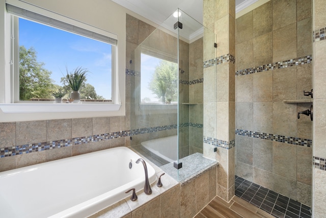 19522 Hope Springs Ln, Cypress, TX 77433 - full bath with tiled shower, a garden tub, and crown molding