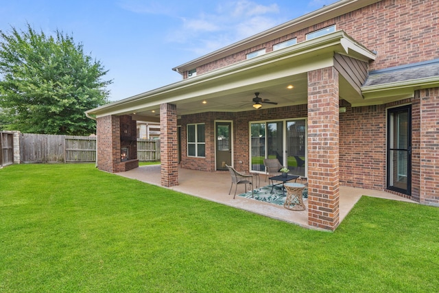 19522 Hope Springs Ln, Cypress, TX 77433 - fenced backyard featuring a ceiling fan and a patio