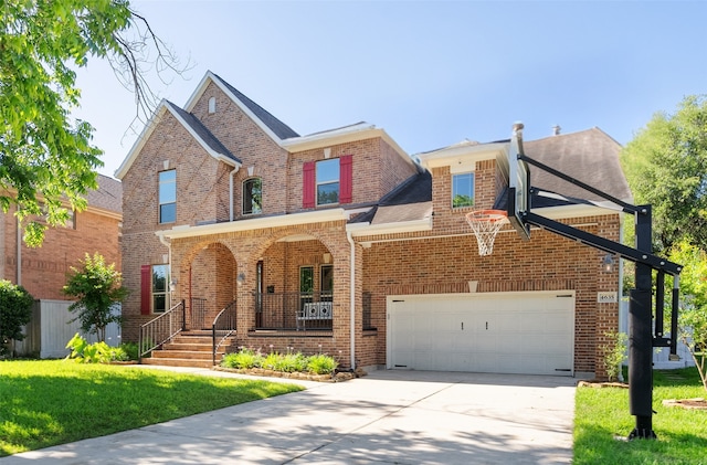4635 Beech St, Bellaire, TX 77401 - traditional home featuring covered porch, brick siding, concrete driveway, a front yard, and a garage