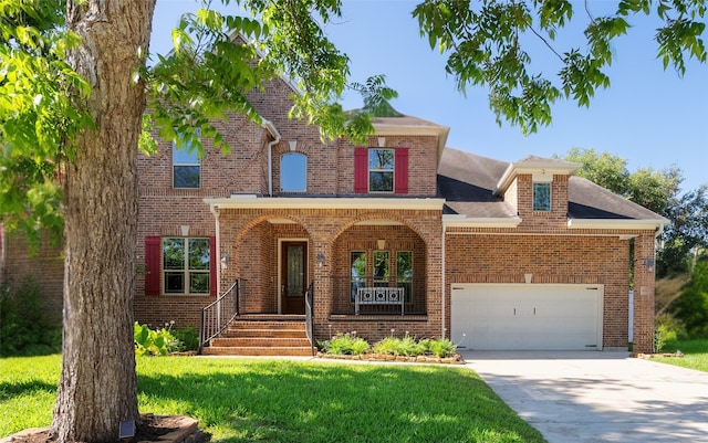 4635 Beech St, Bellaire, TX 77401 - view of front of property featuring brick siding, covered porch, concrete driveway, an attached garage, and a front yard