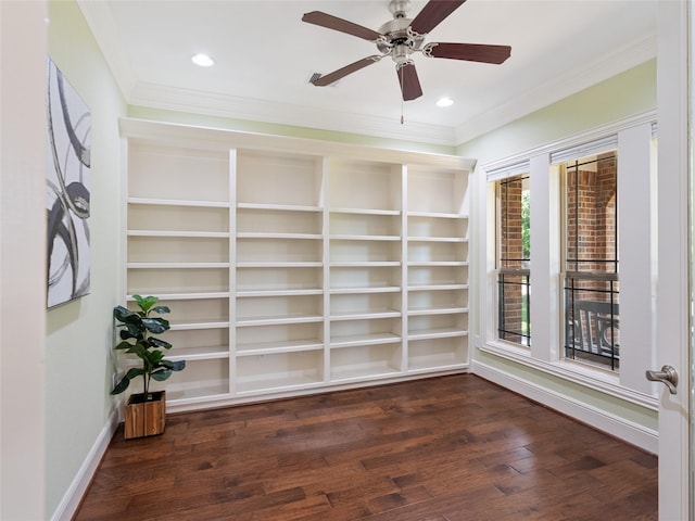 4635 Beech St, Bellaire, TX 77401 - unfurnished room with crown molding, dark wood-type flooring, a ceiling fan, recessed lighting, and built in features