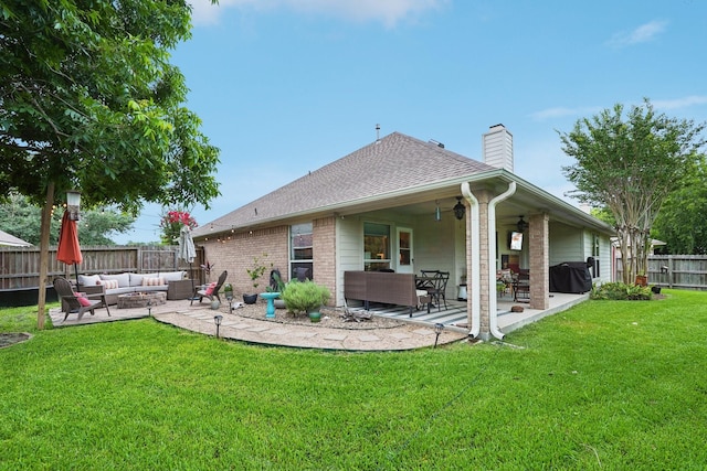 1095 Gladstone Dr, League City, TX 77573 - rear view of house featuring an outdoor living space, a fenced backyard, a chimney, and a patio area