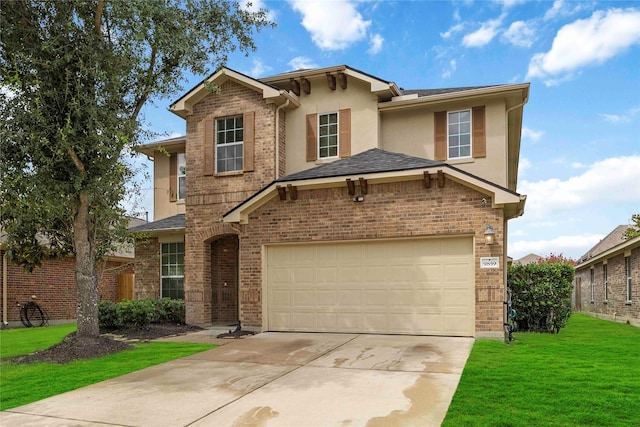 9859 Clanton Pines Dr, Humble, TX 77396 - traditional-style house with driveway, a front lawn, stucco siding, a garage, and brick siding