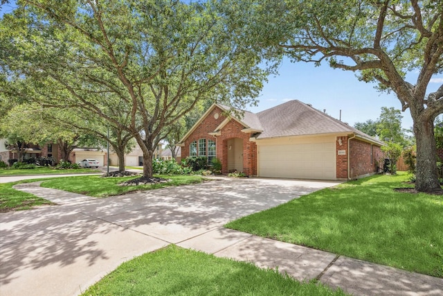 20703 Surrey Stone Ct, Katy, TX 77450 - view of front of house featuring brick siding, a garage, concrete driveway, a front lawn, and roof with shingles