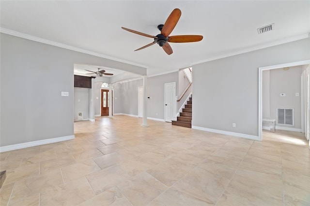 1102 Indian Autumn Trce, Houston, TX 77062 - unfurnished living room with ceiling fan, crown molding, and stairs