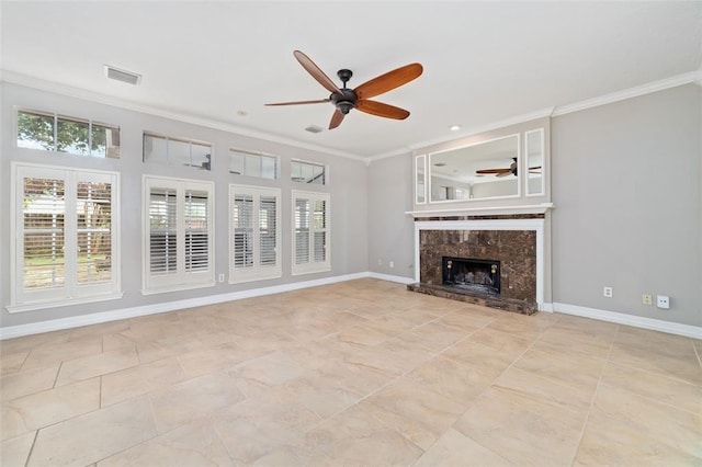 1102 Indian Autumn Trce, Houston, TX 77062 - unfurnished living room with a ceiling fan, ornamental molding, a premium fireplace, and light tile patterned flooring