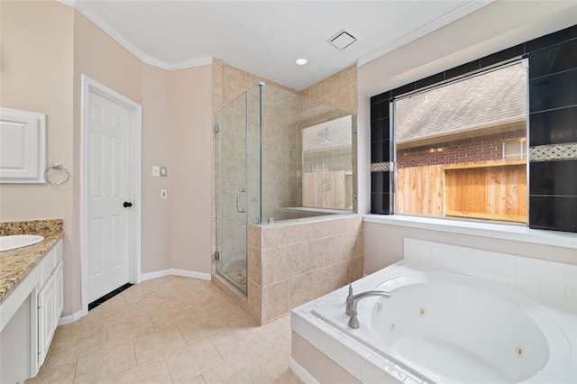 1102 Indian Autumn Trce, Houston, TX 77062 - full bath with a tub with jets, a shower stall, vanity, crown molding, and tile patterned floors