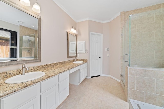 1102 Indian Autumn Trce, Houston, TX 77062 - full bath with double vanity, a stall shower, ornamental molding, and tile patterned floors
