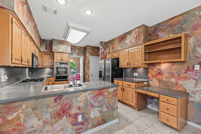 16307 Rainbow Lake Rd, Houston, TX 77095 - kitchen with black appliances, dark countertops, a peninsula, open shelves, and wallpapered walls