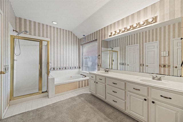 16307 Rainbow Lake Rd, Houston, TX 77095 - full bathroom with wallpapered walls, a shower stall, tile patterned floors, double vanity, and a garden tub