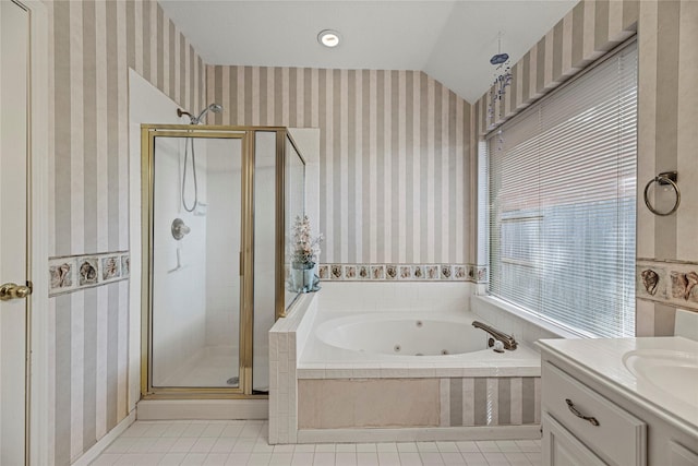16307 Rainbow Lake Rd, Houston, TX 77095 - full bath featuring wallpapered walls, a stall shower, a tub with jets, vaulted ceiling, and vanity
