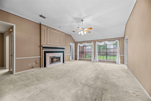16307 Rainbow Lake Rd, Houston, TX 77095 - unfurnished living room featuring ceiling fan, carpet, a tiled fireplace, and lofted ceiling