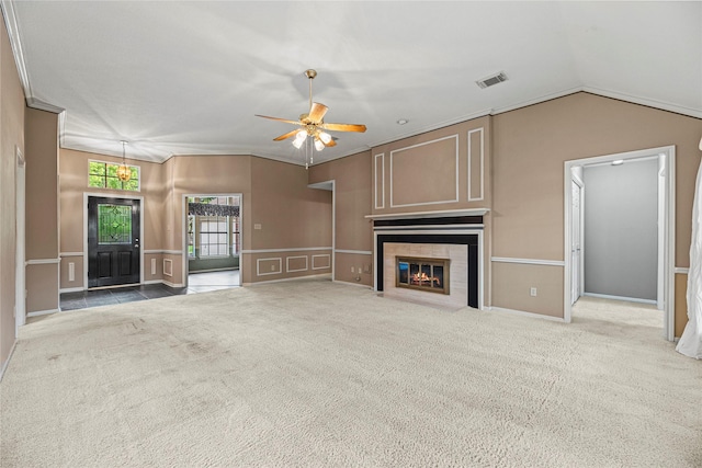 16307 Rainbow Lake Rd, Houston, TX 77095 - unfurnished living room with a ceiling fan, a fireplace with flush hearth, carpet floors, and lofted ceiling