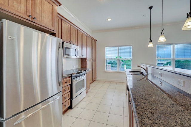2203 Dorrington St Unit 406, Houston, TX 77030 - kitchen with appliances with stainless steel finishes, light tile patterned flooring, ornamental molding, tasteful backsplash, and brown cabinetry