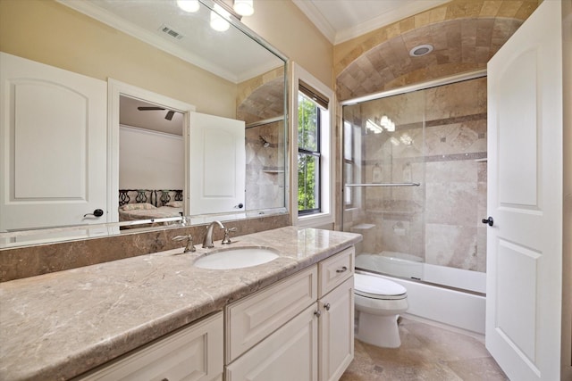 8518 Prichett Dr, Houston, TX 77096 - full bathroom featuring crown molding, vanity, ensuite bath, shower / bath combination with glass door, and a ceiling fan