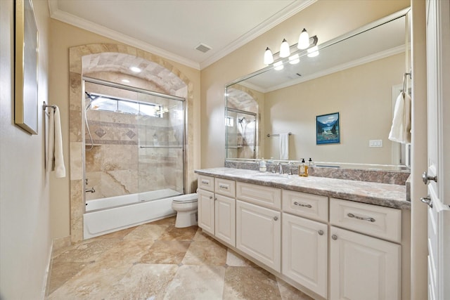 8518 Prichett Dr, Houston, TX 77096 - bathroom featuring vanity, shower / bath combination with glass door, and ornamental molding