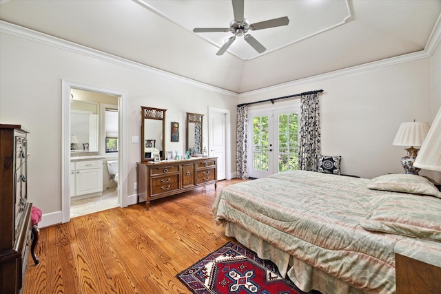 8518 Prichett Dr, Houston, TX 77096 - bedroom featuring light wood-style flooring, ensuite bath, crown molding, a tray ceiling, and access to outside