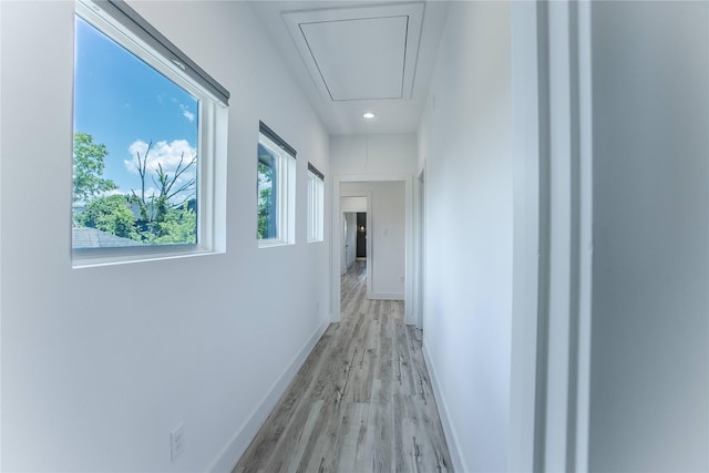 3323 Cornell St, Houston, TX 77022 - corridor with attic access, light wood-style flooring, and recessed lighting
