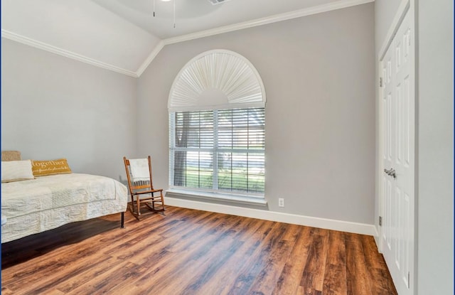3115 Sable Xing, San Antonio, TX 78232 - bedroom with ornamental molding, wood finished floors, lofted ceiling, a closet, and a ceiling fan