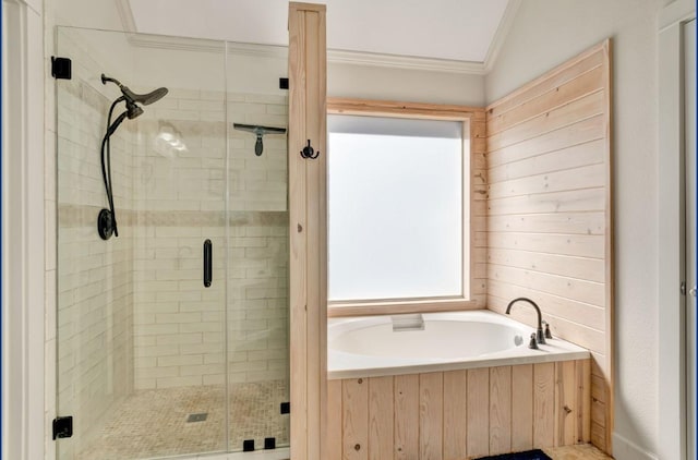 3115 Sable Xing, San Antonio, TX 78232 - bathroom featuring crown molding, a shower stall, a garden tub, and lofted ceiling