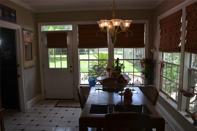 11014 Indian Trails Dr, Tomball, TX 77375 - dining room with light flooring, a chandelier, and ornamental molding