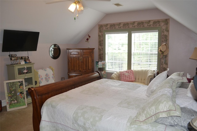 11014 Indian Trails Dr, Tomball, TX 77375 - carpeted bedroom with lofted ceiling and a ceiling fan