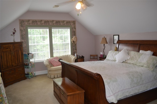 11014 Indian Trails Dr, Tomball, TX 77375 - bedroom featuring lofted ceiling, light colored carpet, and a ceiling fan