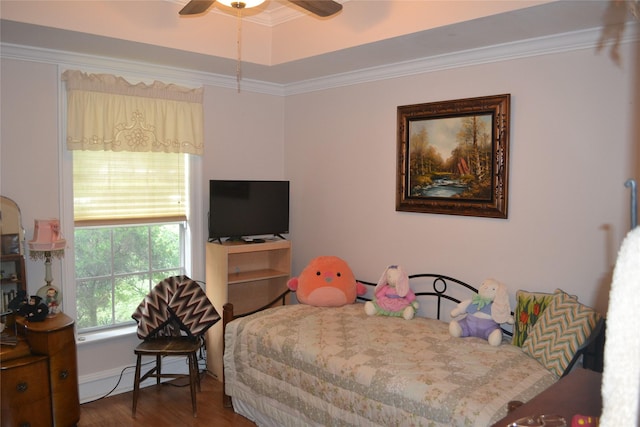 11014 Indian Trails Dr, Tomball, TX 77375 - bedroom with crown molding, wood finished floors, and ceiling fan