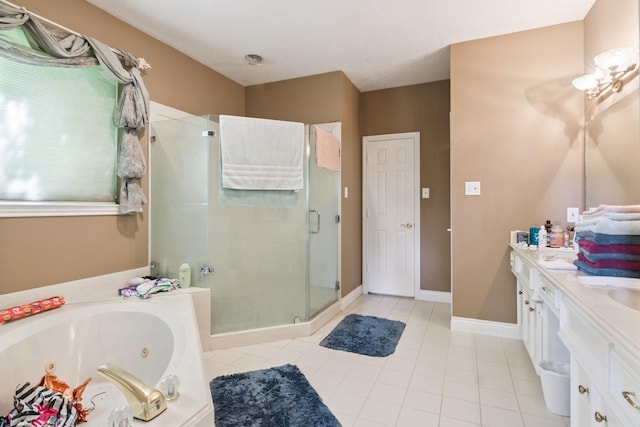 8414 Atascocita Lake Way, Humble, TX 77346 - full bathroom with a stall shower, a whirlpool tub, double vanity, and tile patterned floors