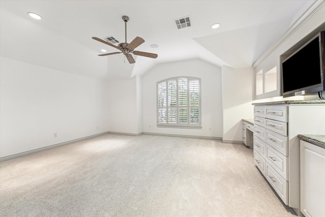 709 Lester St, Houston, TX 77007 - unfurnished bedroom featuring light colored carpet, lofted ceiling, recessed lighting, and ceiling fan