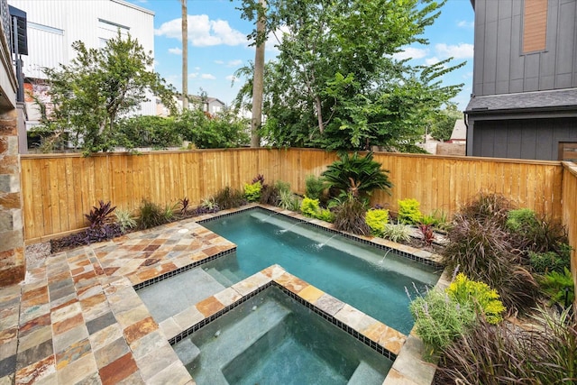 709 Lester St, Houston, TX 77007 - view of swimming pool featuring a fenced backyard, a patio, and a pool with connected hot tub