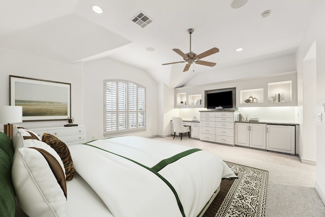 709 Lester St, Houston, TX 77007 - bedroom with light colored carpet, lofted ceiling, recessed lighting, ceiling fan, and an office area