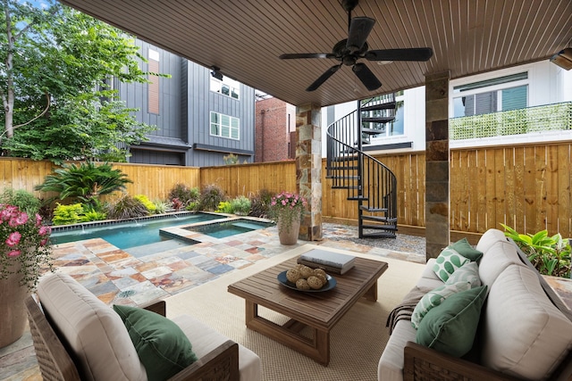 709 Lester St, Houston, TX 77007 - fenced backyard featuring stairs, outdoor lounge area, an in-ground hot tub, ceiling fan, and a patio area