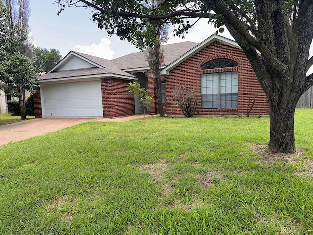 9412 Riviera Dr, Waco, TX 76712 - ranch-style home with a garage, concrete driveway, brick siding, a front yard, and a shingled roof