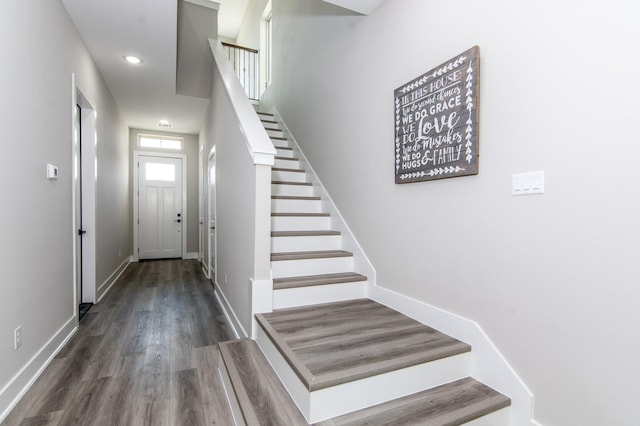 4910 Wunder Way, Houston, TX 77069 - foyer with stairs, wood finished floors, and recessed lighting