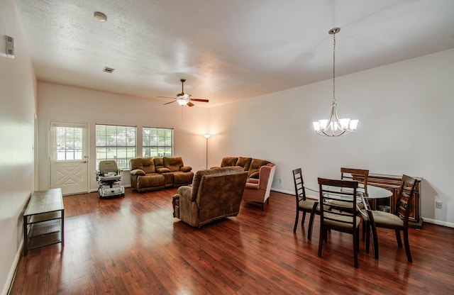 3618 Teakwood Ln, Pearland, TX 77584 - living area with a ceiling fan, dark wood finished floors, and a chandelier