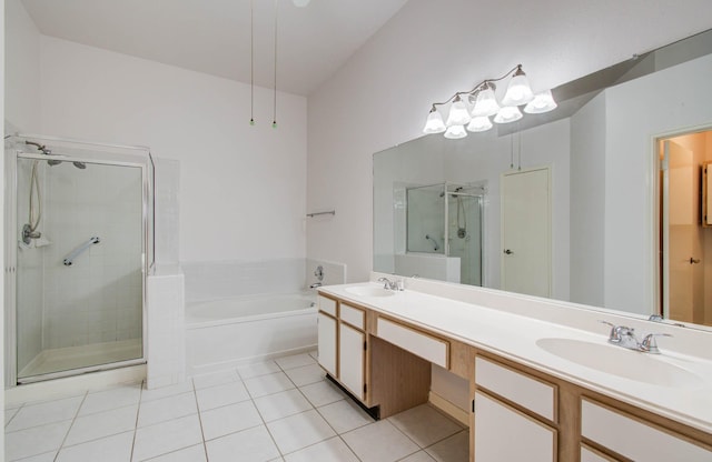 3618 Teakwood Ln, Pearland, TX 77584 - bathroom with a shower stall, a garden tub, double vanity, and tile patterned flooring