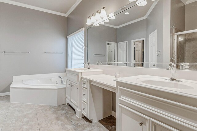 2226 Arrowwood Trl, Katy, TX 77494 - bathroom featuring crown molding, vanity, a garden tub, a shower stall, and tile patterned floors