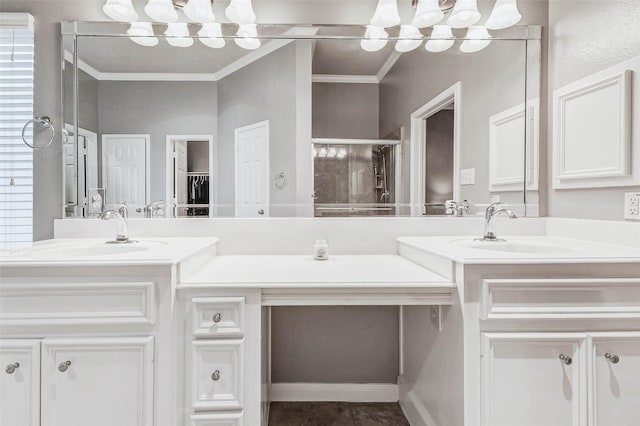 2226 Arrowwood Trl, Katy, TX 77494 - full bath with double vanity, a shower with shower door, ornamental molding, and tile patterned flooring