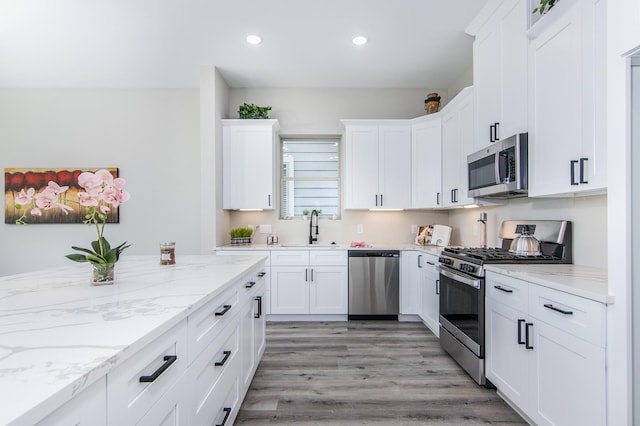 15034 Wunderlust Ln, Houston, TX 77069 - kitchen featuring stainless steel appliances, recessed lighting, white cabinetry, light stone counters, and light wood-type flooring