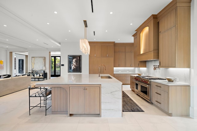 3649 Chevy Chase Dr, Houston, TX 77019 - kitchen with range with two ovens, open floor plan, a large island, premium range hood, and recessed lighting