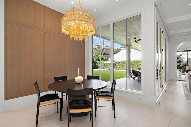 3649 Chevy Chase Dr, Houston, TX 77019 - dining room with a chandelier, light tile patterned floors, recessed lighting, and ceiling fan